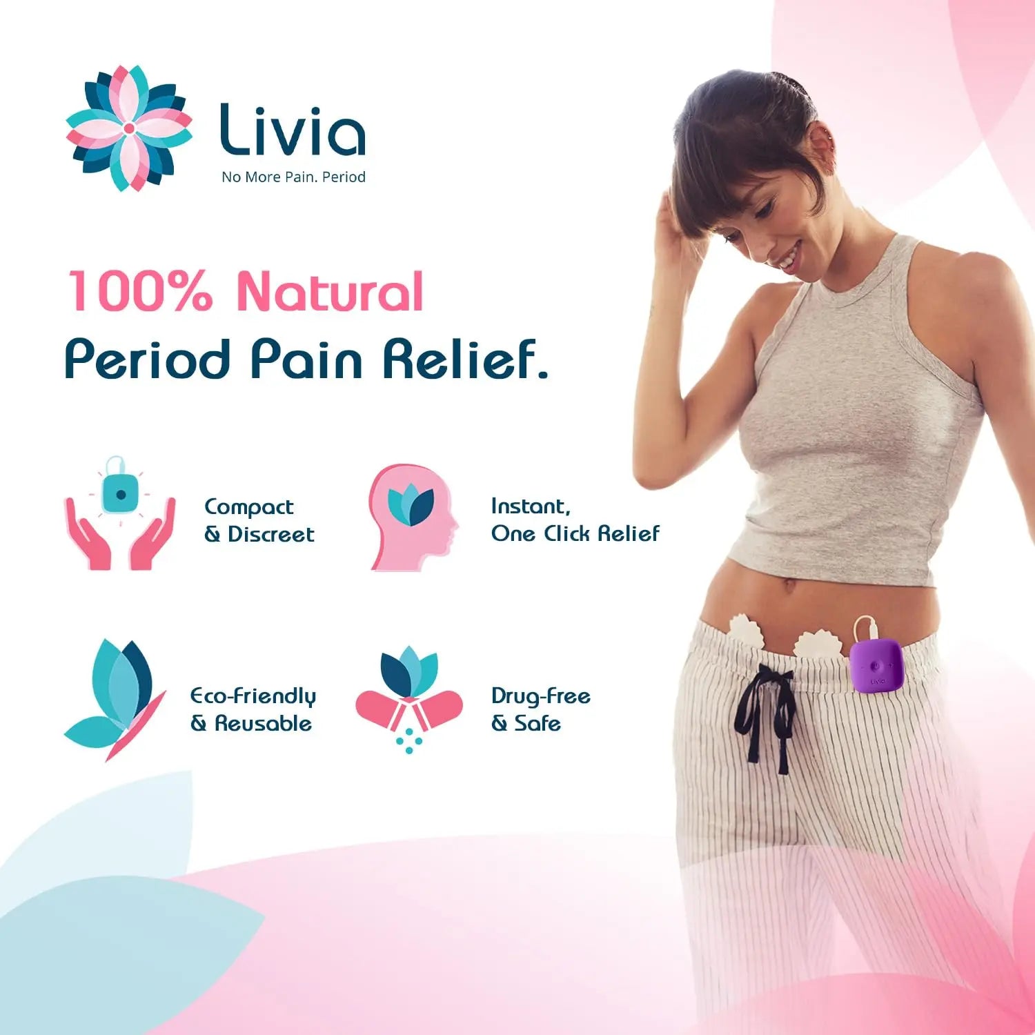 Livia Menstrual Pain Relief Device, Purple – Off-Switch for Period Pain – Portable & Discreet – Rechargeable, Up to 8 Hours Battery – Complete Kit with Stick-On Pads – The Go-to Travel Partner Livia Au supplements