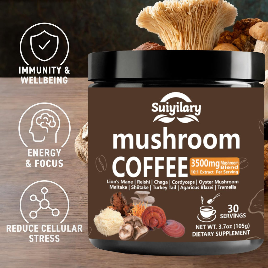 Suiyilary 10 Mushroom Coffee with Arabica w, Lion's Mane, Reishi, Mushroom Polysaccharides & More, Instant Mushrooms Powder for Focus, Immunity Boost,