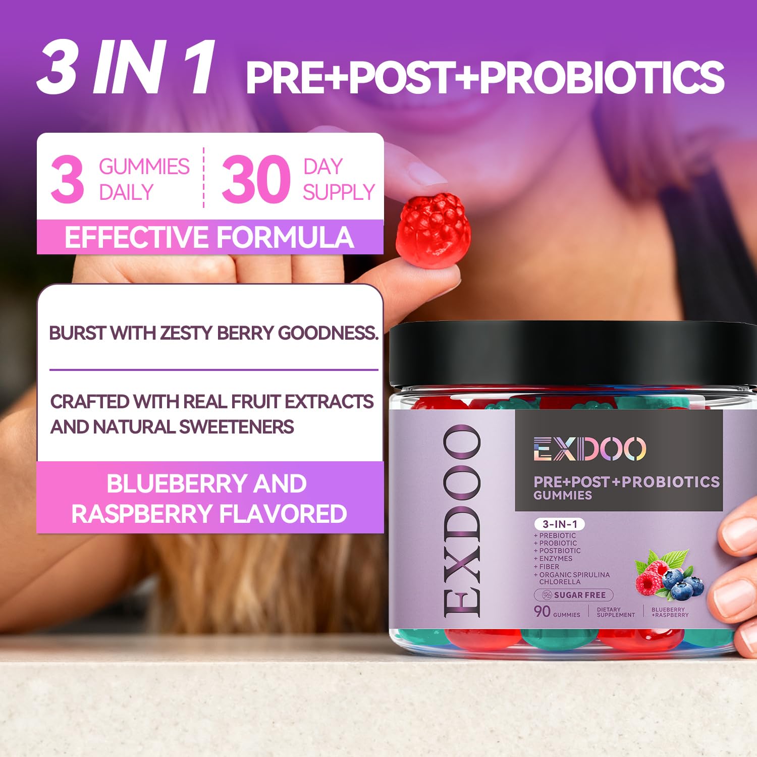 exdoo 3-in-1 Probiotic Gummies Prebiotic+Probiotic+Postbiotic with Organic Spirulina Chlorella Immune Gut & Digestive Support 90 Count exdoo Au supplements