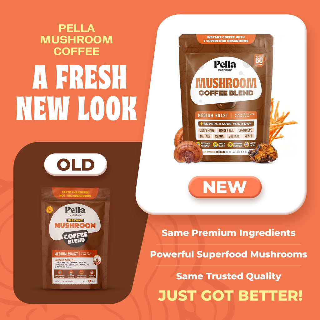 Pella Nutrition Mushroom Coffee – Lions Mane, Reishi, Chaga, Cordyceps, Shiitake, Maitake, and Turkey Tail Mushroom Supplement – Superfood Instant