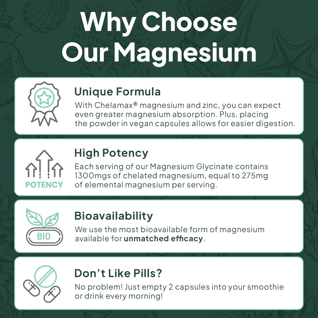 Organics Ocean Pure Magnesium Glycinate with Zinc - Maximum Strength Chelated Magnesium Supplement for Women and Men