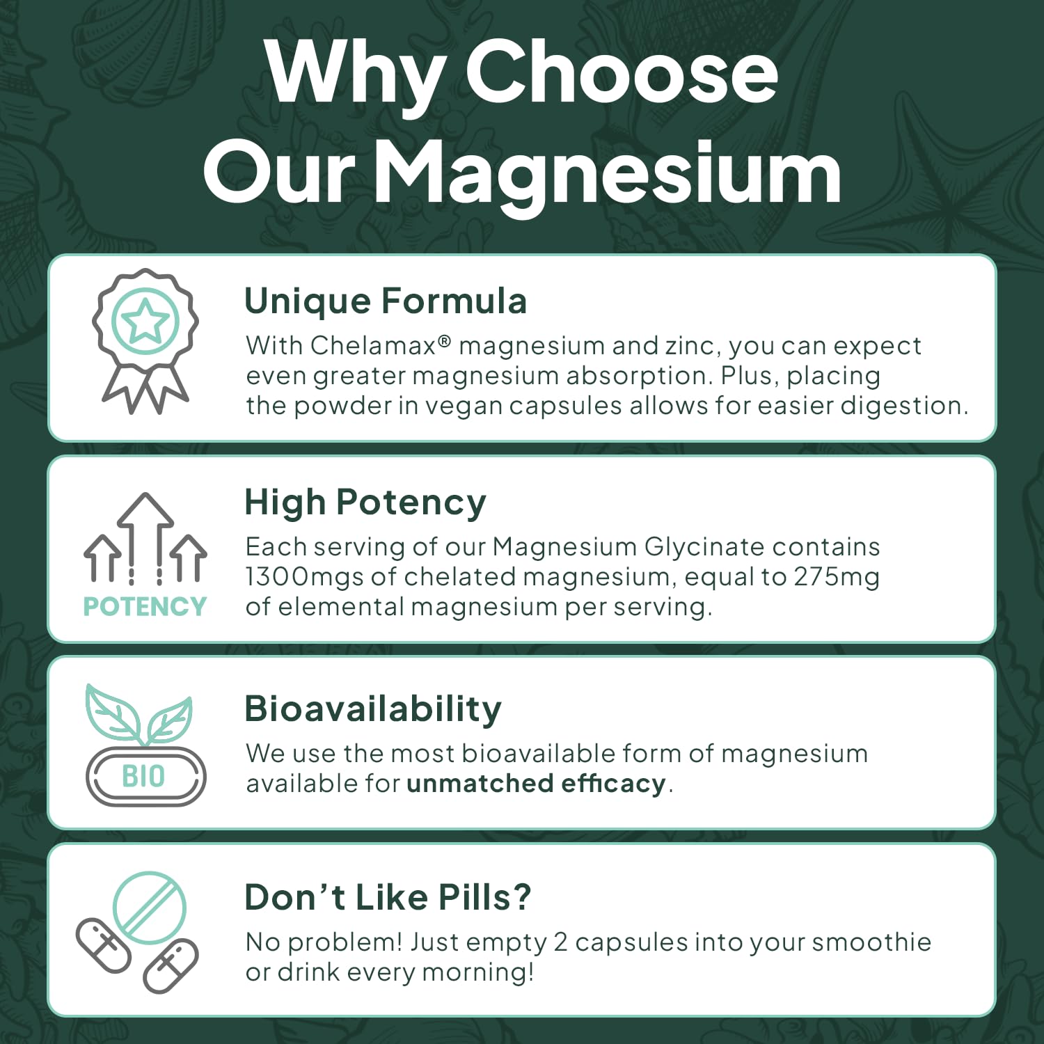 Organics Ocean Pure Magnesium Glycinate with Zinc - Maximum Strength Chelated Magnesium Supplement for Women and Men