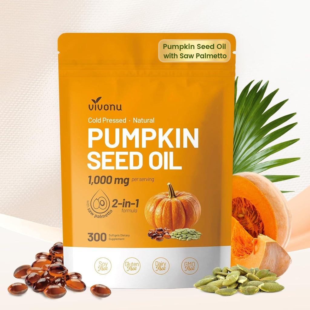 VivoNu Pumpkin Seed Oil with Saw Palmetto Capsules | Cold Pressed, Pure Virgin Oil, Essential Fatty Acids & Phytosterols | 300 SoftgelsSupports Hair, Urinary