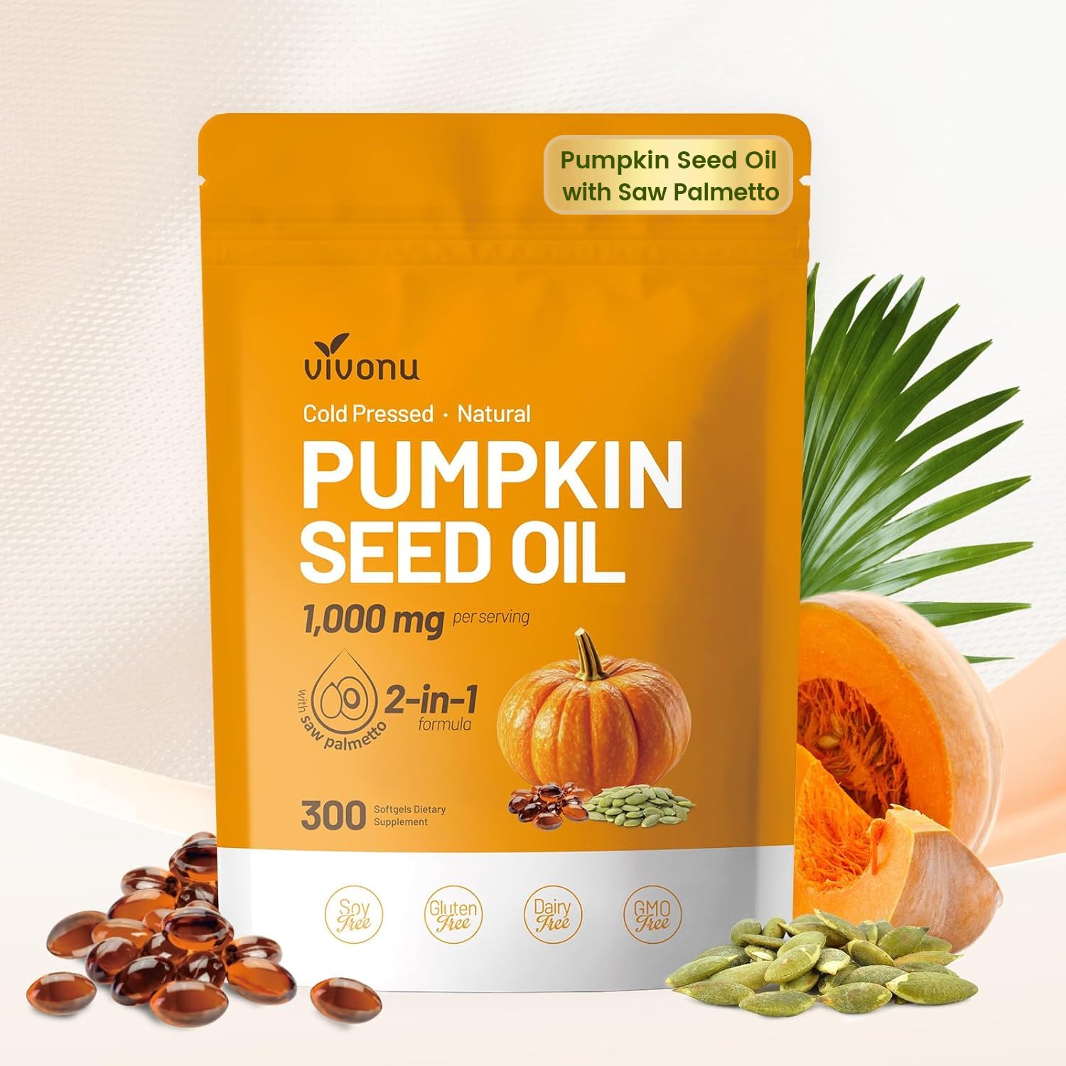 VivoNu Pumpkin Seed Oil with Saw Palmetto Capsules | Cold Pressed, Pure Virgin Oil, Essential Fatty Acids & Phytosterols | 300 SoftgelsSupports Hair, Urinary