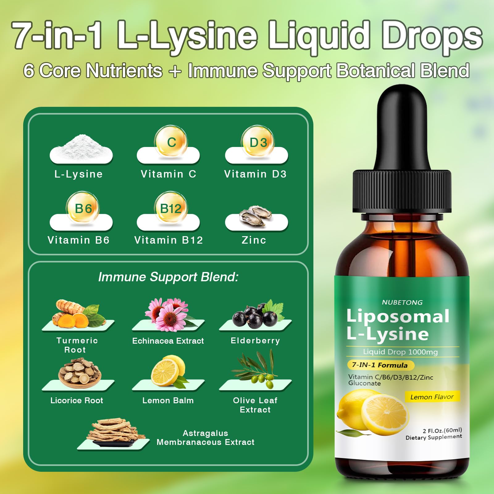 Liposomal L-Lysine 1000mg Liquid Drops, 7-in-1 Lysine Supplement for Adults with Vitamin C/B6/D3/B12 & Zinc Gluconate, Immune Support, Collagen Synthesis & Skin Lip Health, Lemon Flavor, 2 Fl Oz