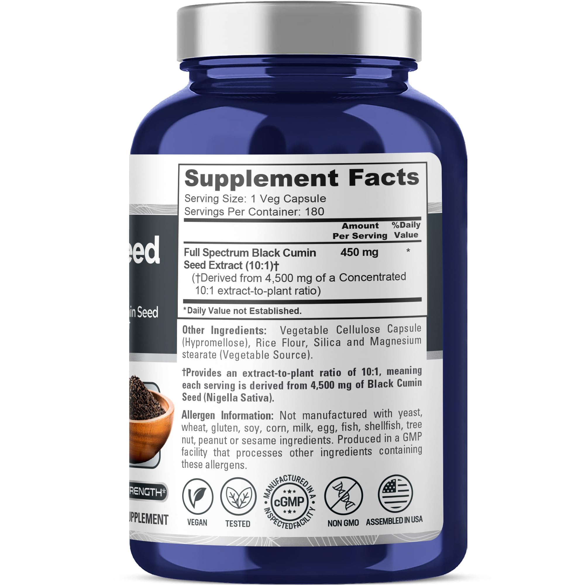 NusaPure Full Spectrum Black Cumin Seed 10:1 Extract, 450 mg Equivalent to 4,500mg 180 Veggie Powder Caps Non-GMO, Vegan Non-Oily NusaPure Au supplements