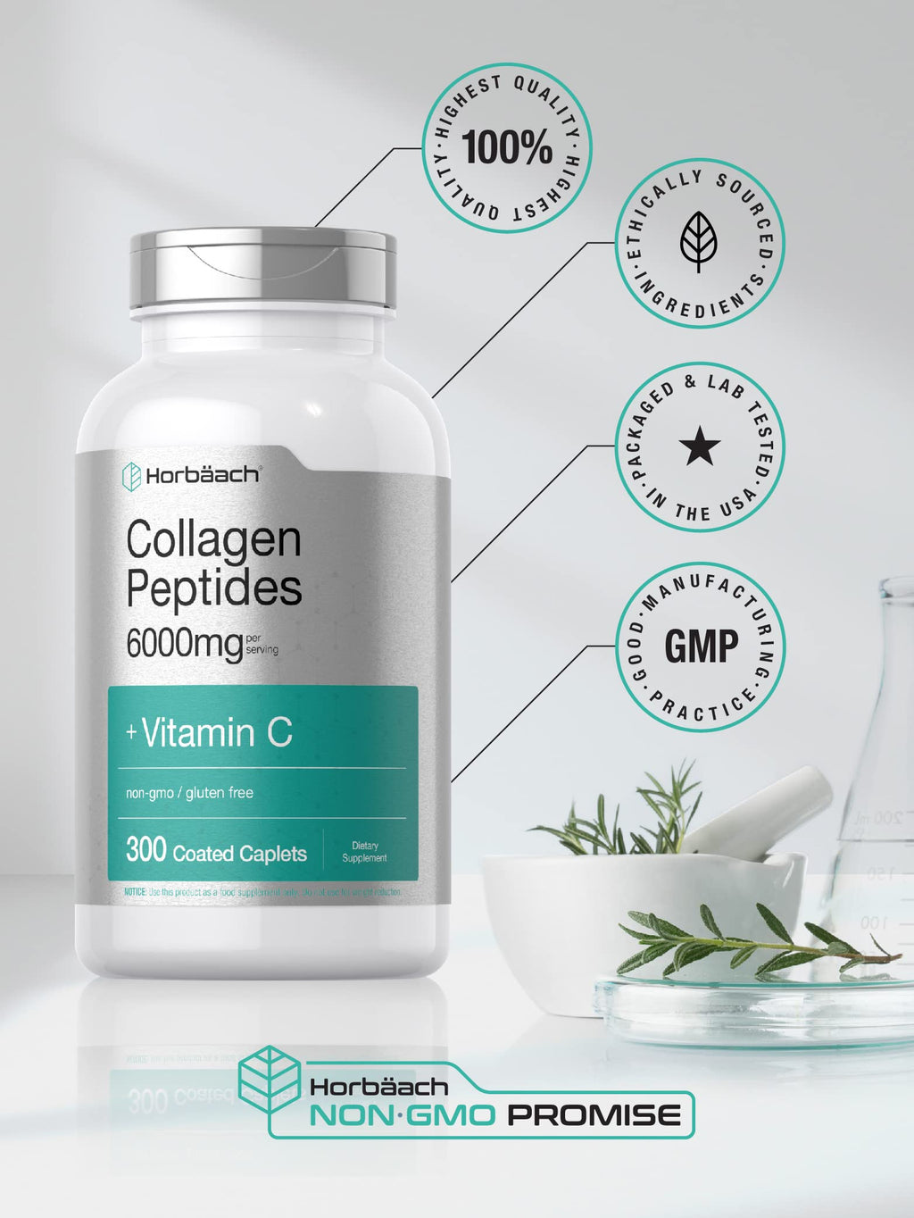 Horbäach Collagen Peptides 6000mg | 300 Caplet Pills | with Vitamin C | Hydrolyzed Collagen Supplement | Non-GMO, Gluten Free Horbäach Au supplements
