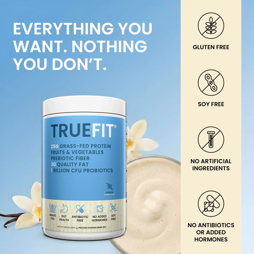 TrueFit High Fiber Protein Powder, Grass-Fed Whey Meal Replacement Shake with Prebiotics, Probiotics, & Organic Superfoods, Keto Friendly, Gluten Free