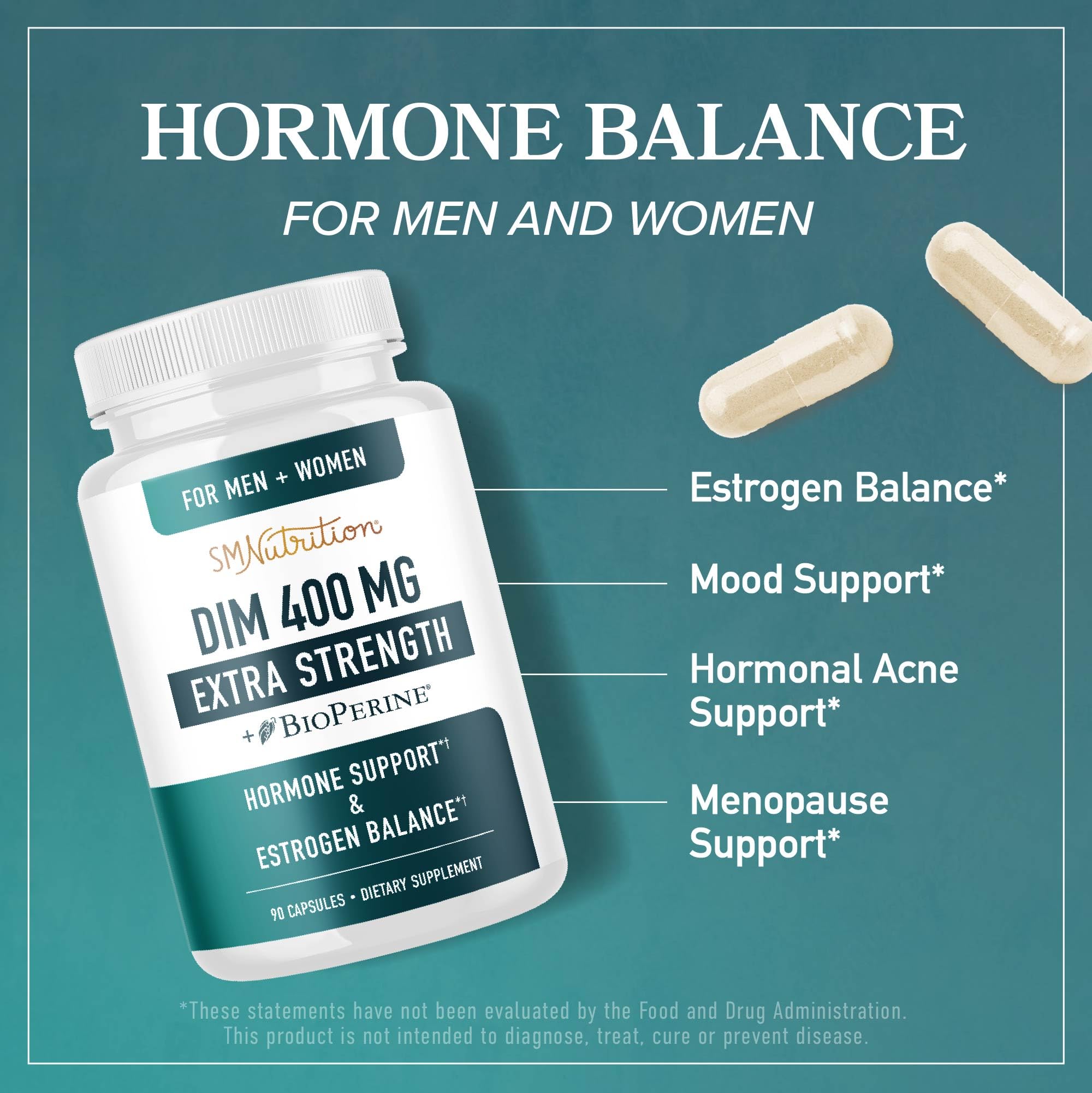 DIM Supplement 400MG Extra Strength | Hormone Balance for Men and Women | Menopause, Acne, Hot Flashes Relief, Prostate Support & Antioxidant Support | Soy-Free, Gluten-Free | SMNutrition | 90 Ct. SMNutrition Au supplements