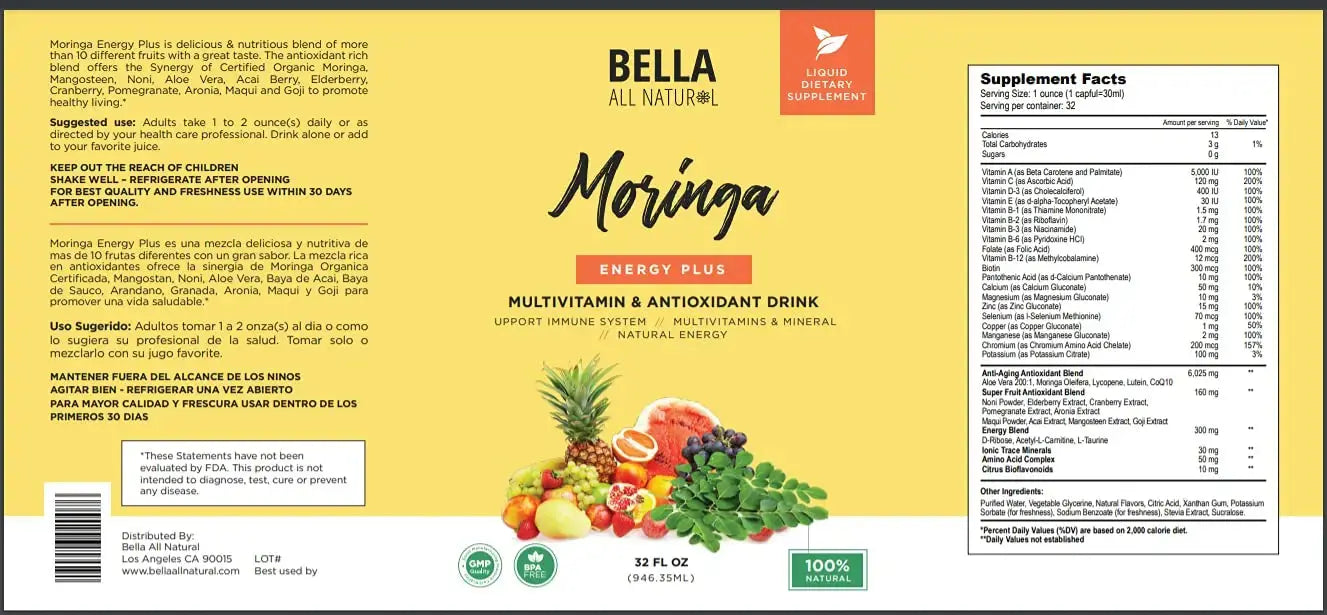 Bella All Natural Moringa Juice Energy Plus - Multivitamin and Antioxidant Drink - 32oz Bella All Natural Au supplements