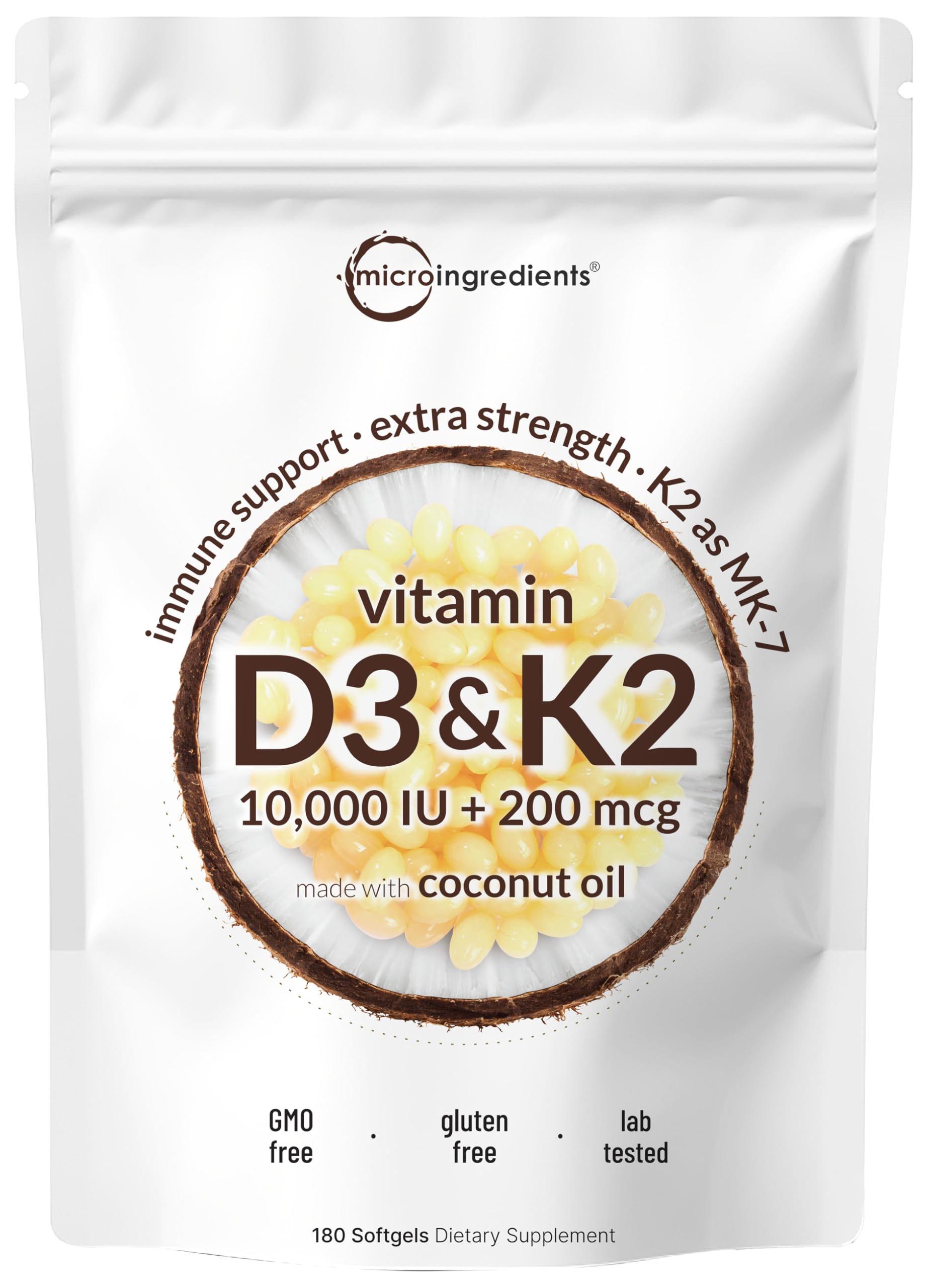 Micro Ingredients Vitamin D3 10,000 IU + K2 MK-7 200 mcg, 180 Softgels with Virgin Coconut Oil | 2-in-1 Vitamins D & K Complex