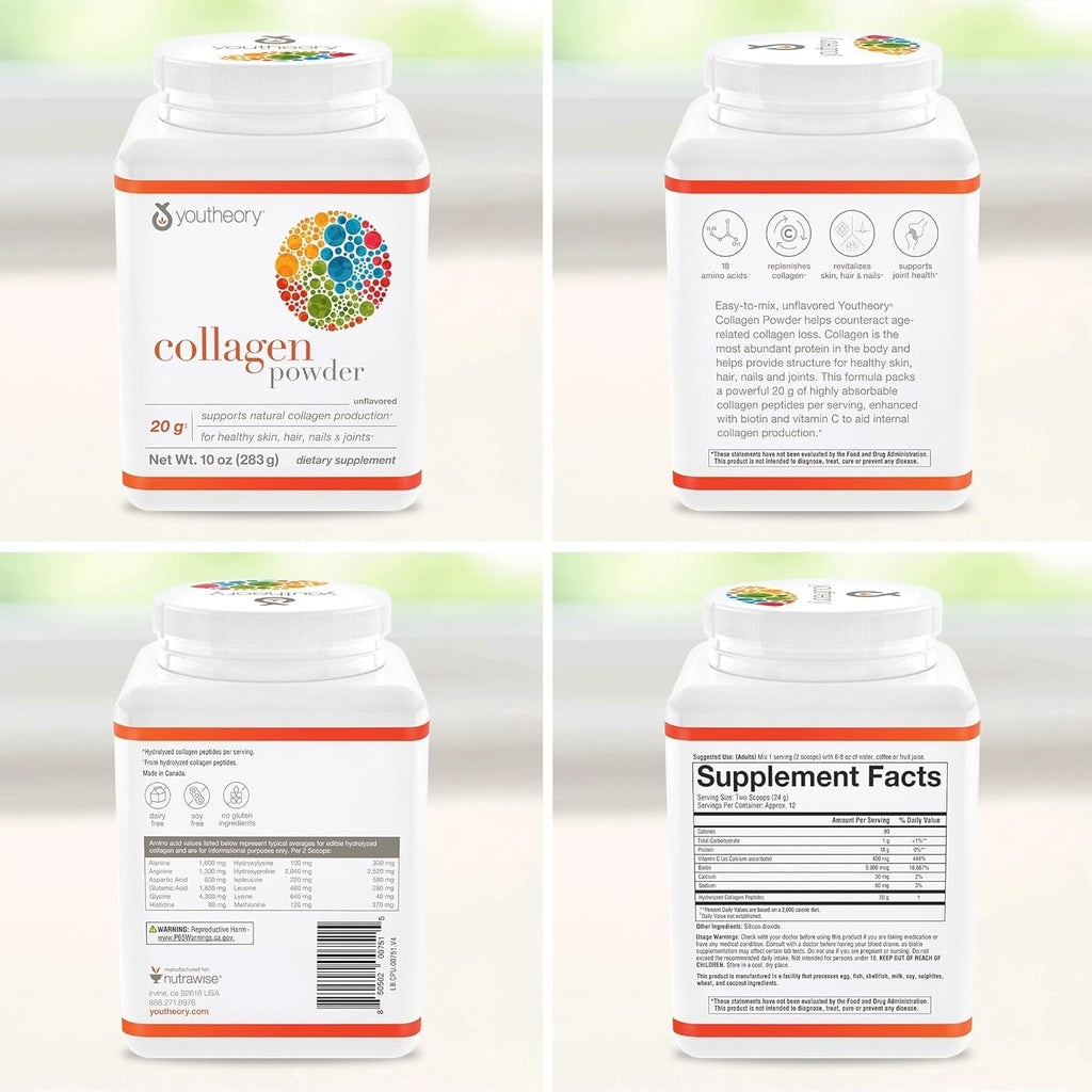 Youtheory Collagen Powder - Hydrolyzed Collagen Peptides with Vitamin C - Supports Healthy Bones, Joints & Immune System* - Unflavored - 10 oz (10-Day Supply) Youtheory Au supplements