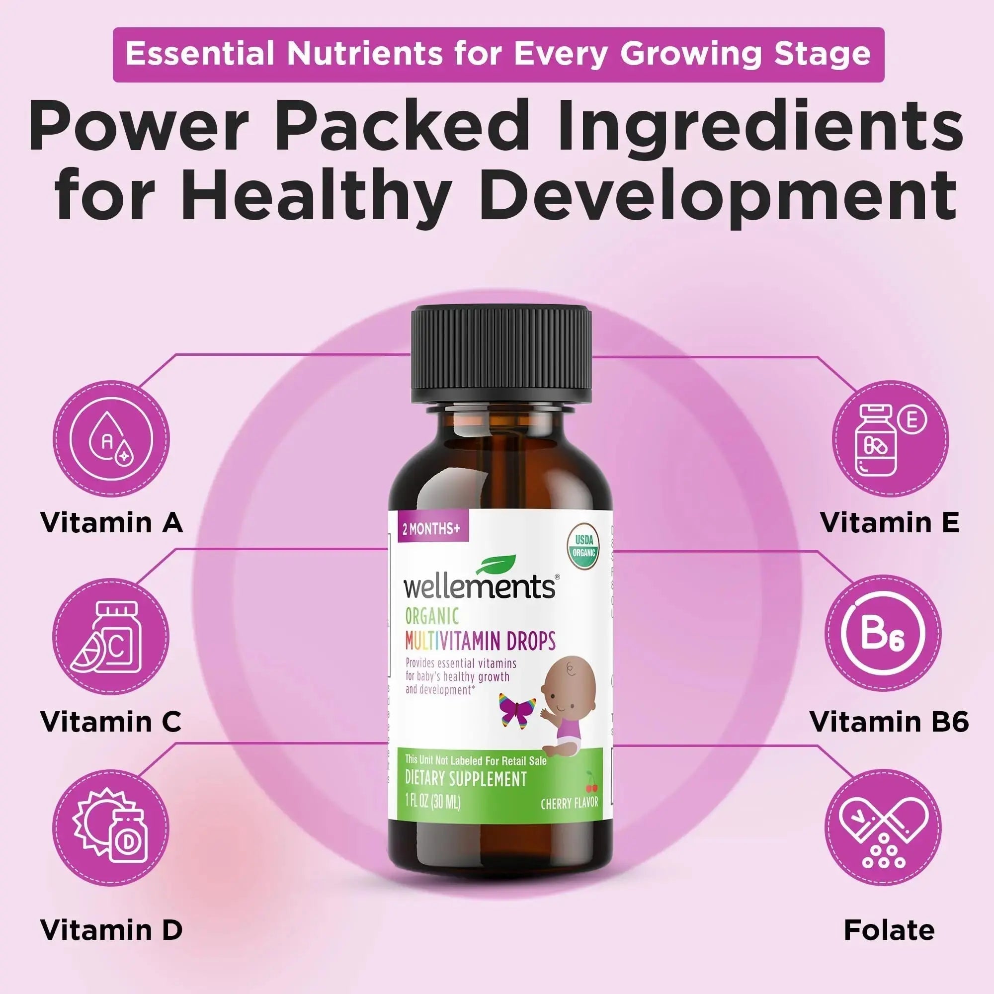 Wellements Organic Baby Multivitamin Drops (1 Fl Oz) - Cherry Flavor Liquid Multivitamins for Infants & Toddlers (2 Months+) Wellements Au supplements