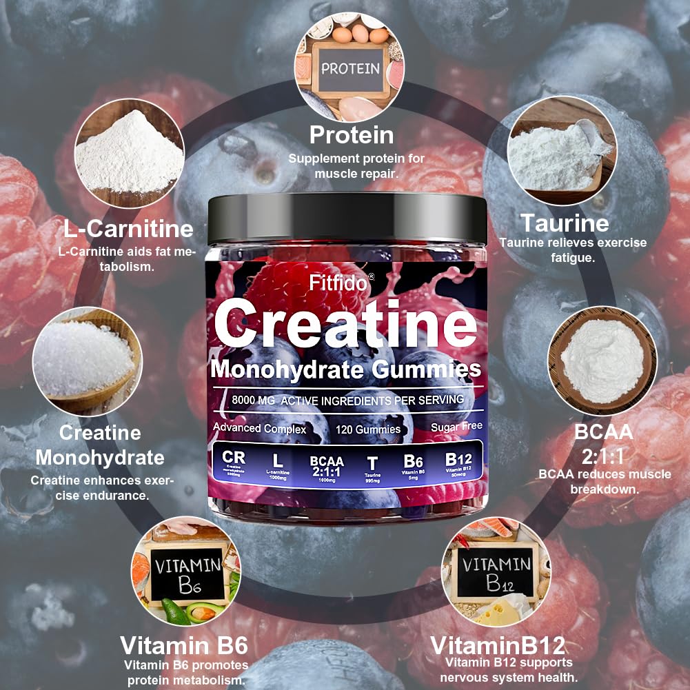 Creatine Monohydrate Gummies Complex 8000mg for Men and Women, Containing L-carnitine & Taurine, Build Muscle, Boost Energy, Faster Recovery, Sugar Free & Vegan