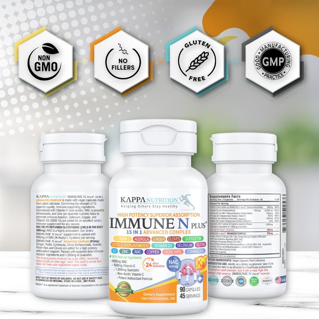 (90 Capsules), NAC 600mg, Quercetin 1,000mg, Vitamin C 500mg, Zinc 50mg, Vitamin D3 5,000iu, Selenium, Copper, Acerola, Ginger, Rutin, Citrus Bioflavonoids, Rose Hips, Echinacea, Immune N Plus 15 in 1 KAPPA NUTRITION Au supplements