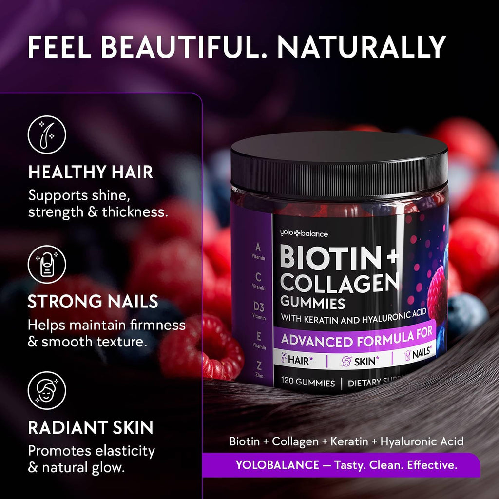 YOLOBALANCE Biotin Gummies 10000mcg for Hair Growth Support - Sugar Free Multi Collagen with Keratin, Silica & Hyaluronic Acid - Pectin Based,