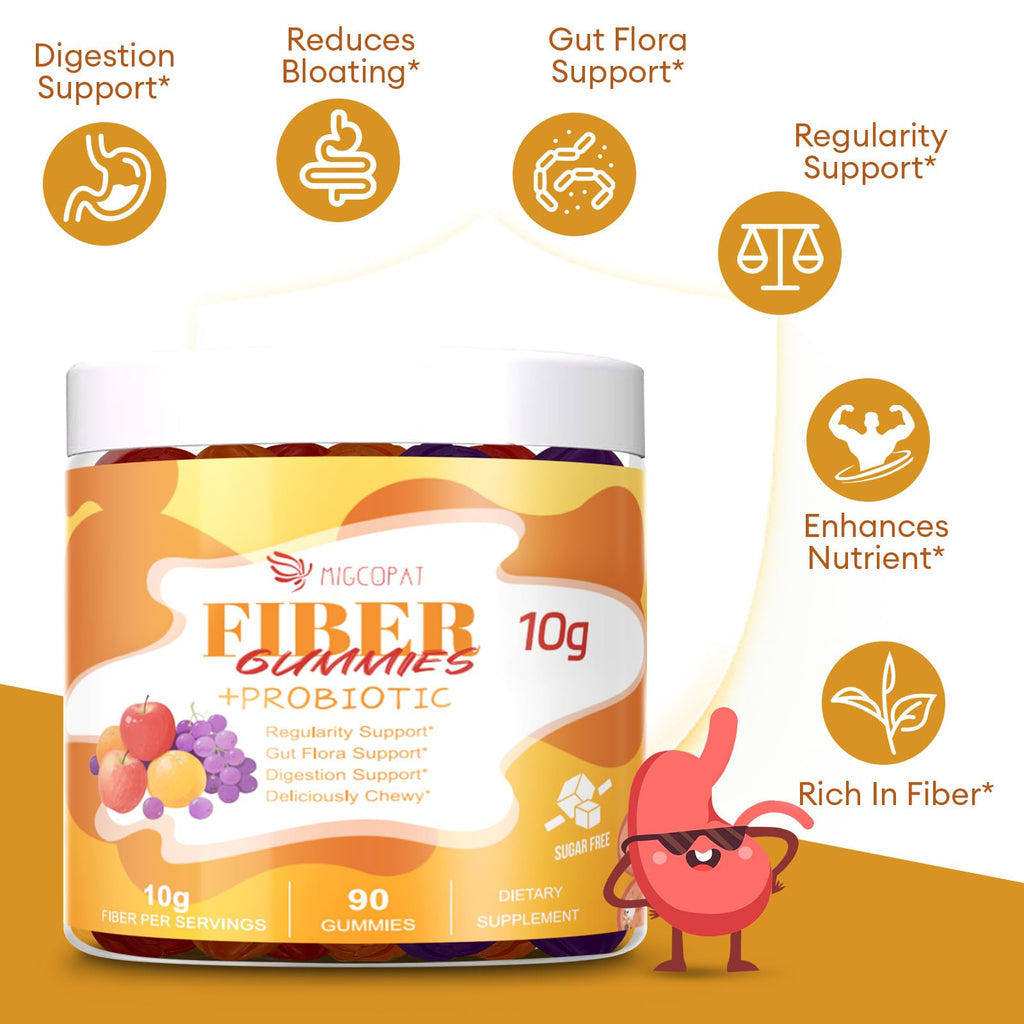 Migcopat 10G Fiber Gummies for Adults - Support Digestive Health - Fiber Supplement with 30 Billion CFU Probiotics Blend, ACV, Vitamin C, Inulin - No Sugar Added - Fruit Flavored - 180 Count