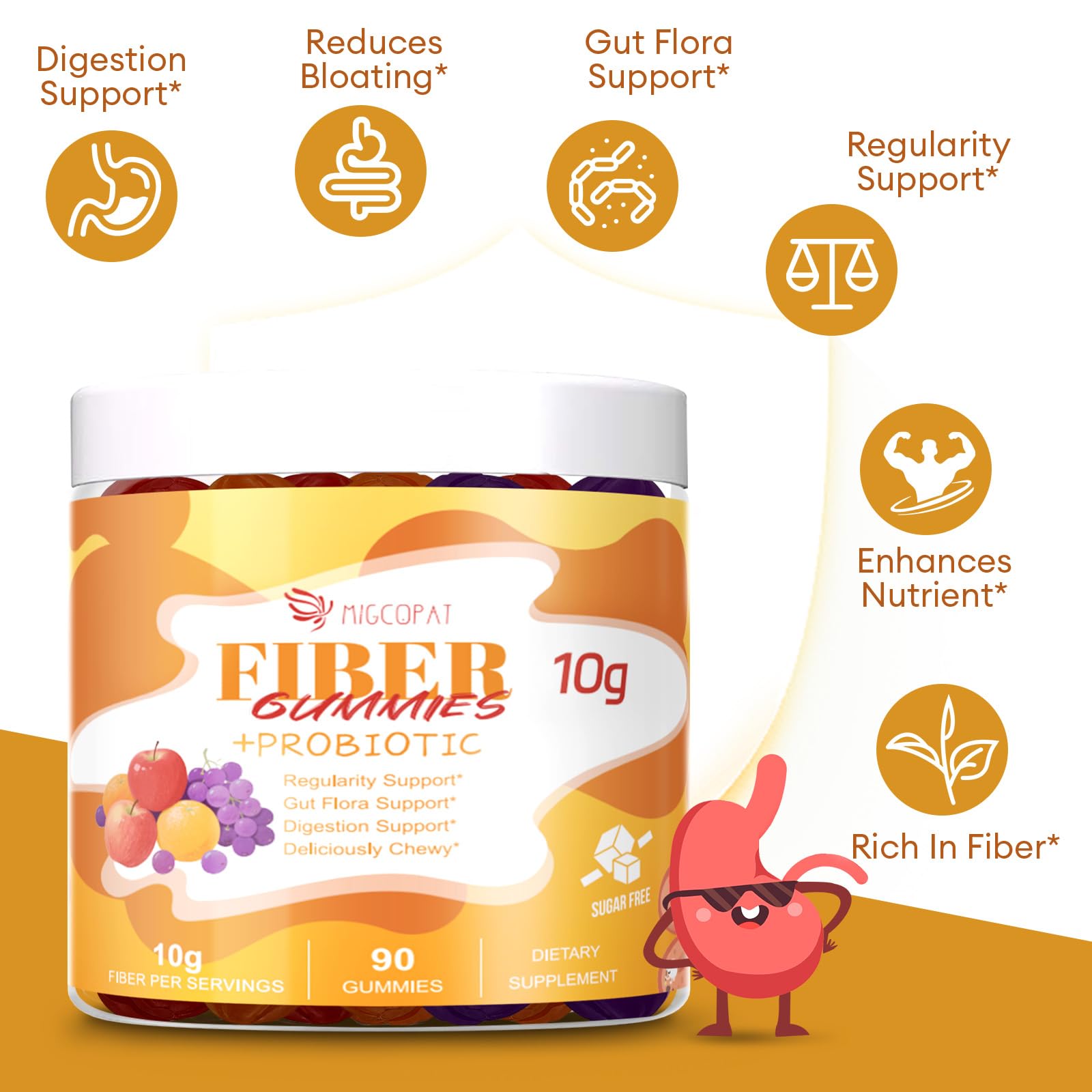 Migcopat 10G Fiber Gummies for Adults - Support Digestive Health - Fiber Supplement with 30 Billion CFU Probiotics Blend, ACV, Vitamin C, Inulin - No Sugar Added - Fruit Flavored - 180 Count