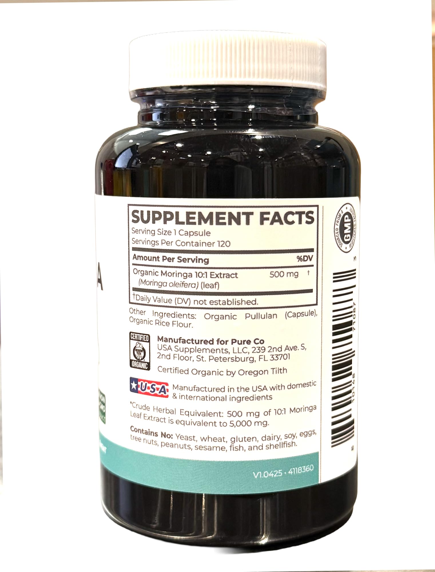 USDA Organic Moringa Capsules - High Potency Organic Moringa 500mg Extract 10:1 Per 1 Capsule Serving - Nutrient Dense Green Superfood Antioxidant