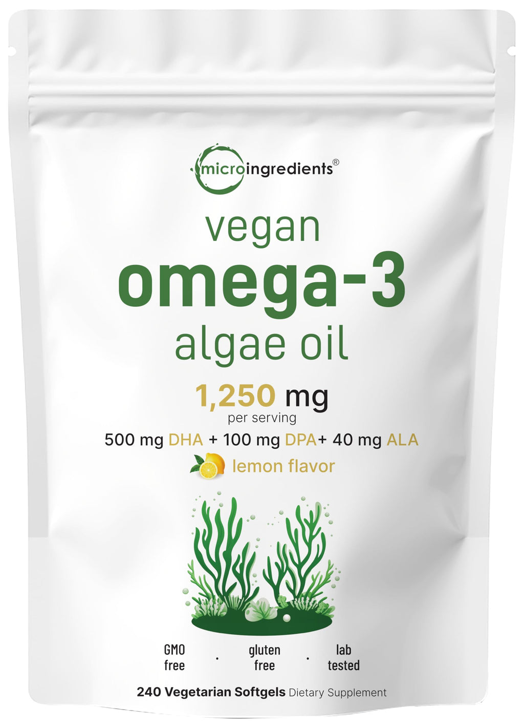 Micro Ingredients Vegan Omega 3 Algae Oil, 240 Veggie Softgels | Fish Oil Alternative | DHA 500mg & DPA 100mg | Carrageenan Free | Plant-Based Omega 3