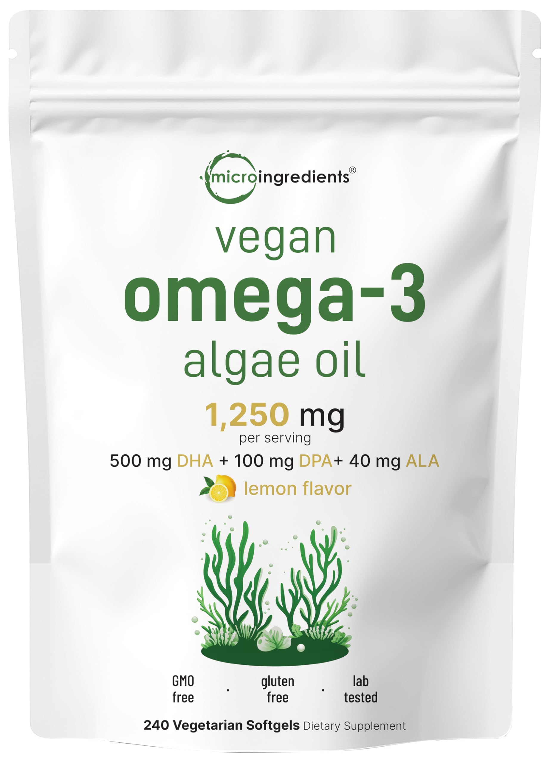 Micro Ingredients Vegan Omega 3 Algae Oil, 240 Veggie Softgels | Fish Oil Alternative | DHA 500mg & DPA 100mg | Carrageenan Free | Plant-Based Omega 3