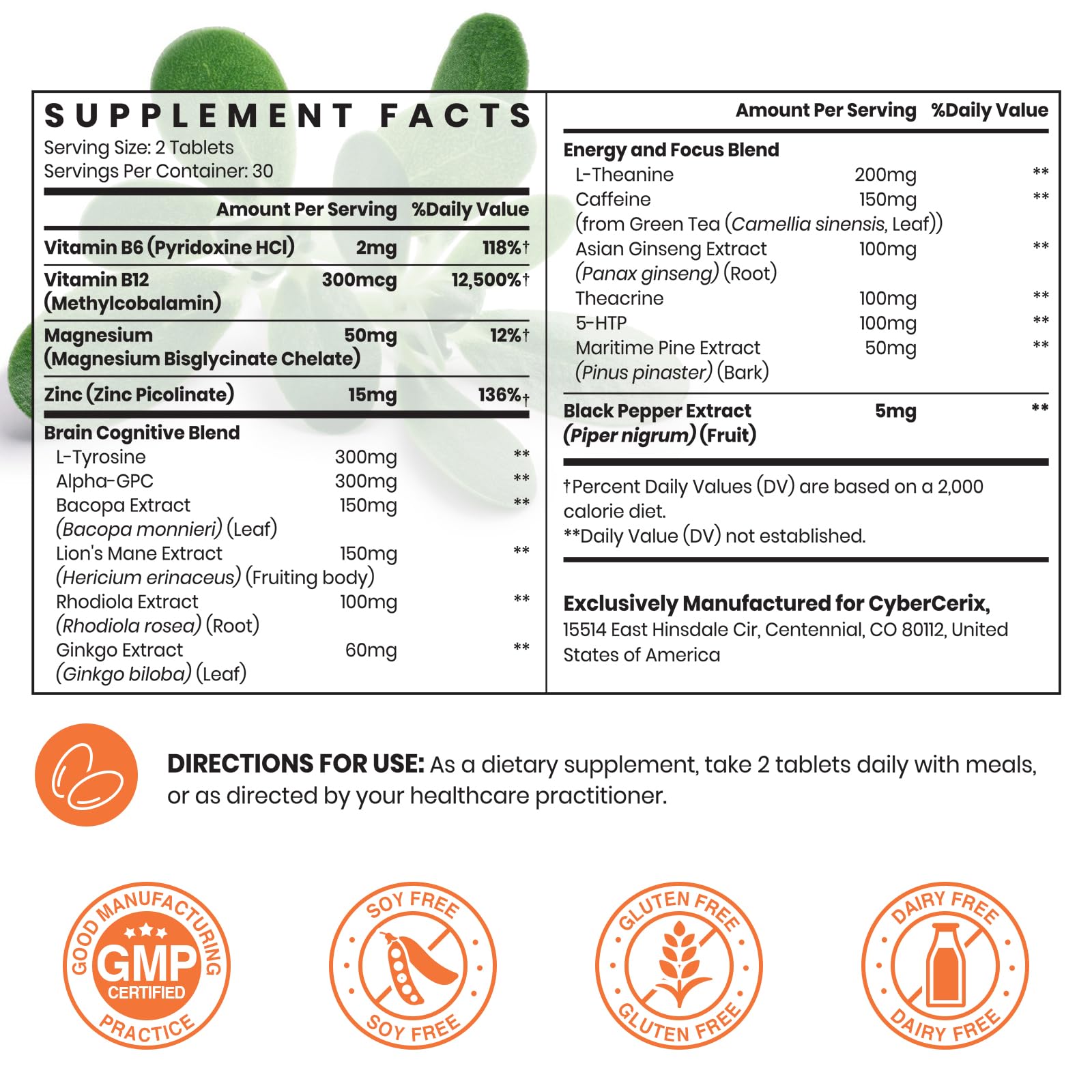 17-in-1  Supplement for Memory and Focus - Supplement for Concentration, Clarity, Energy & Focus - Natural Caffeine Blend with Vitamins, Amino Acids & Herbal Extracts - 60 Tablets