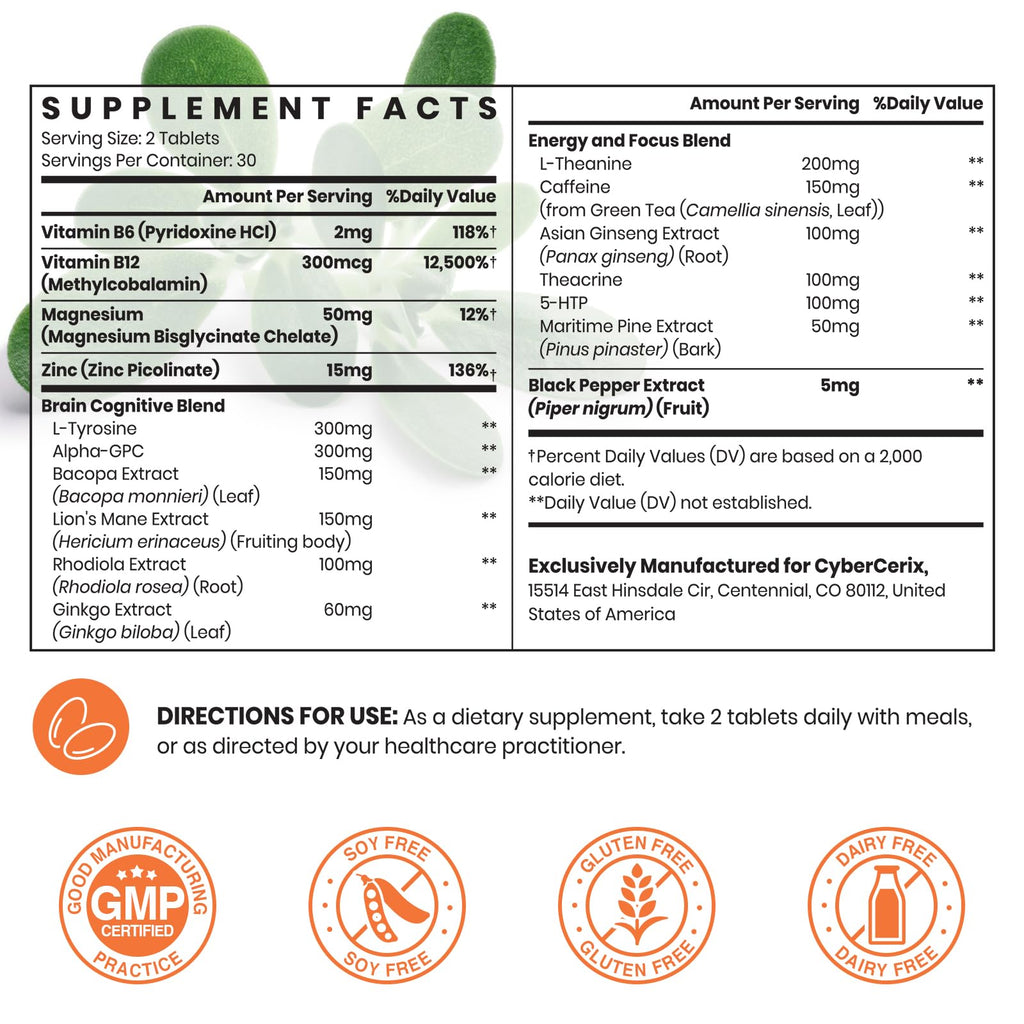 17-in-1 Brain Supplements for Memory and Focus - Formula for Concentration, Clarity, Energy & Focus - Natural Caffeine Blend with Vitamins, Amino Acids & Herbal Extracts - 120 Tablets
