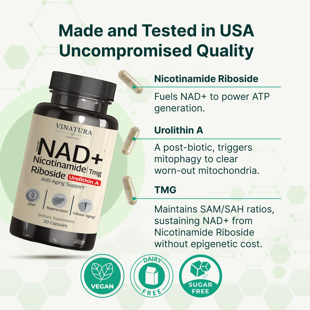 VINATURA NAD Supplement, Nicotinamide Riboside with Resveratrol - Advanced NAD+ Supplement with TMG and Urolithin A, for Women and Men - 30 Vegan Capsules VINATURA Au supplements