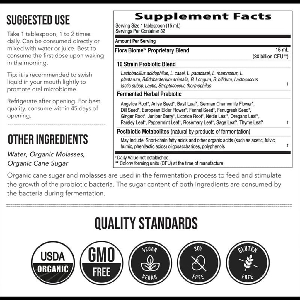 Auivty Flora Biome Live Probiotic Liquid, 3-in-1 Probiotic + Prebiotic + Postbiotic, 30 Billion CFU (at Time of Manufacture), 10 Strains, Fermented Herbal Blend with 18 Herbs, Shelf Stable, 16 fl oz Auivty Au supplements