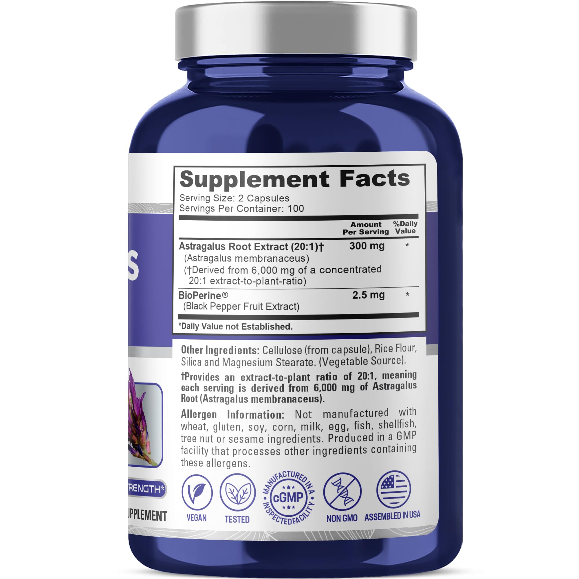 NusaPure Astragalus 20:1 Extract, 300 mg Equivalent to 6,000mg Per Serving, 200 Veggie Capsules, Vegan, Non-GMO & Bioperine NusaPure Au supplements