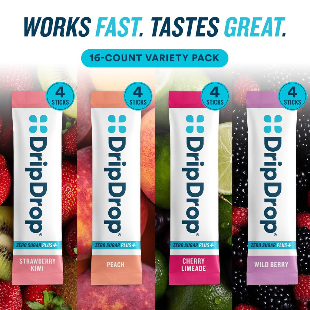 DripDrop Zero Sugar Plus - Sugar Free Hydration Packets - Single Serve Electrolytes Powder Drink Mix - Strawberry Kiwi, Peach, Cherry Limeade, Wild Berry