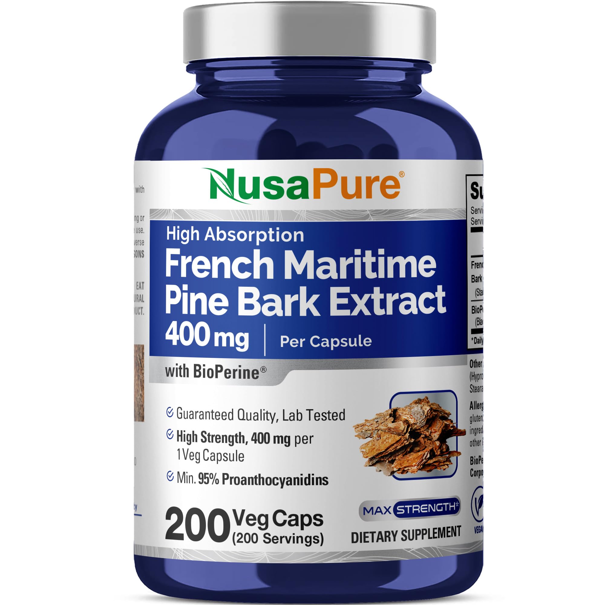 NusaPure French Maritime Pine Bark Extract 400mg per Veggie Caps 200-Day Supply Bioperine Non-GMO Vegan NusaPure Au supplements