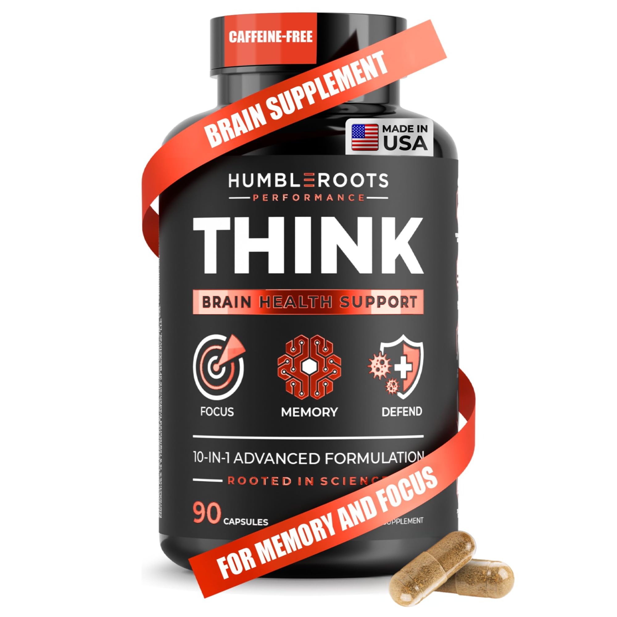 All-Natural Brain Supplement for Memory and Focus - Caffeine-Free Long-Term Cognitive Support - 10 Nootropic Ingredients Including Lion’s Mane, Bacopa, Turmeric, Ginkgo & Huperzine A - 90 Capsules