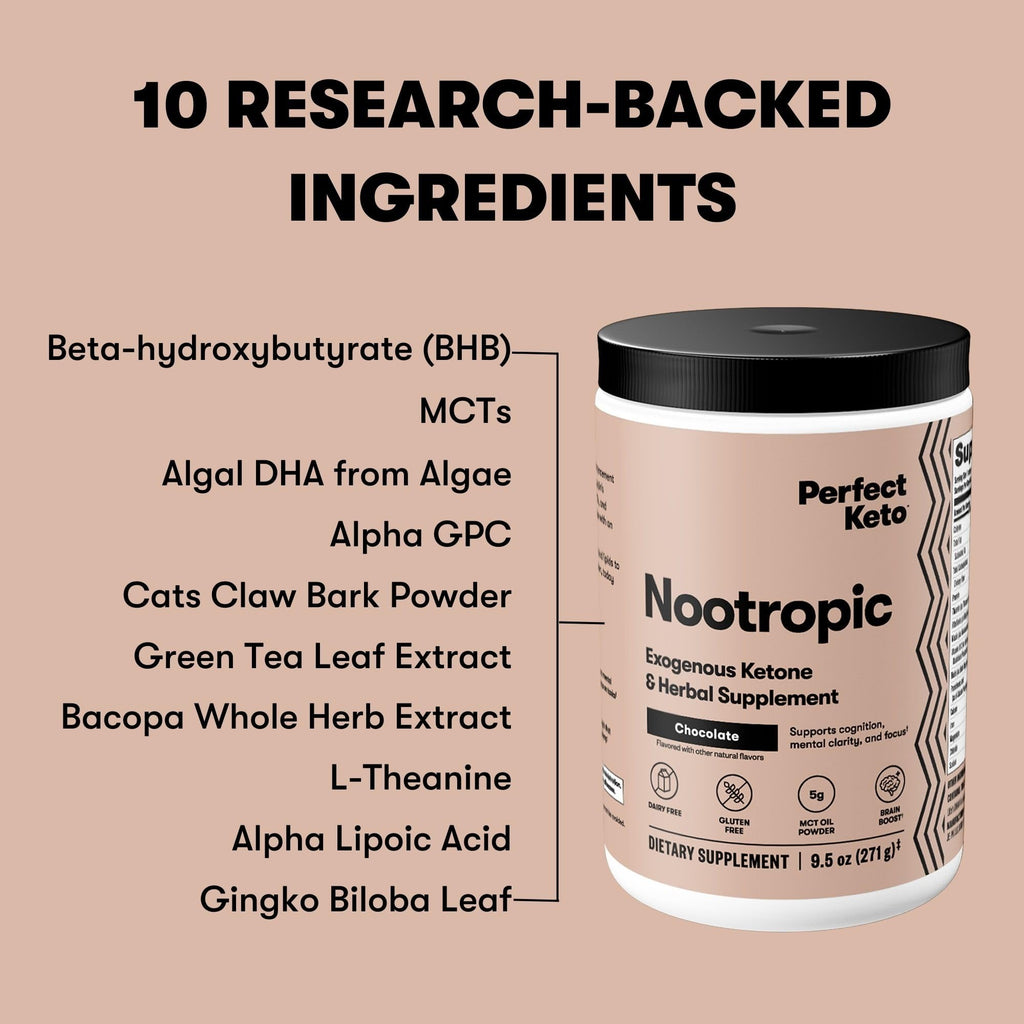 Perfect Keto Nootropic Brain Support, Caffeine Free Focus and Energy Supplement with Alpha Lipoic Acid, L Theanine, Ginkgo Biloba, Alpha GPC, MCT's, Collagen, Ketones, Chocolate Drink Mix, 15 Servings Perfect Keto Au supplements