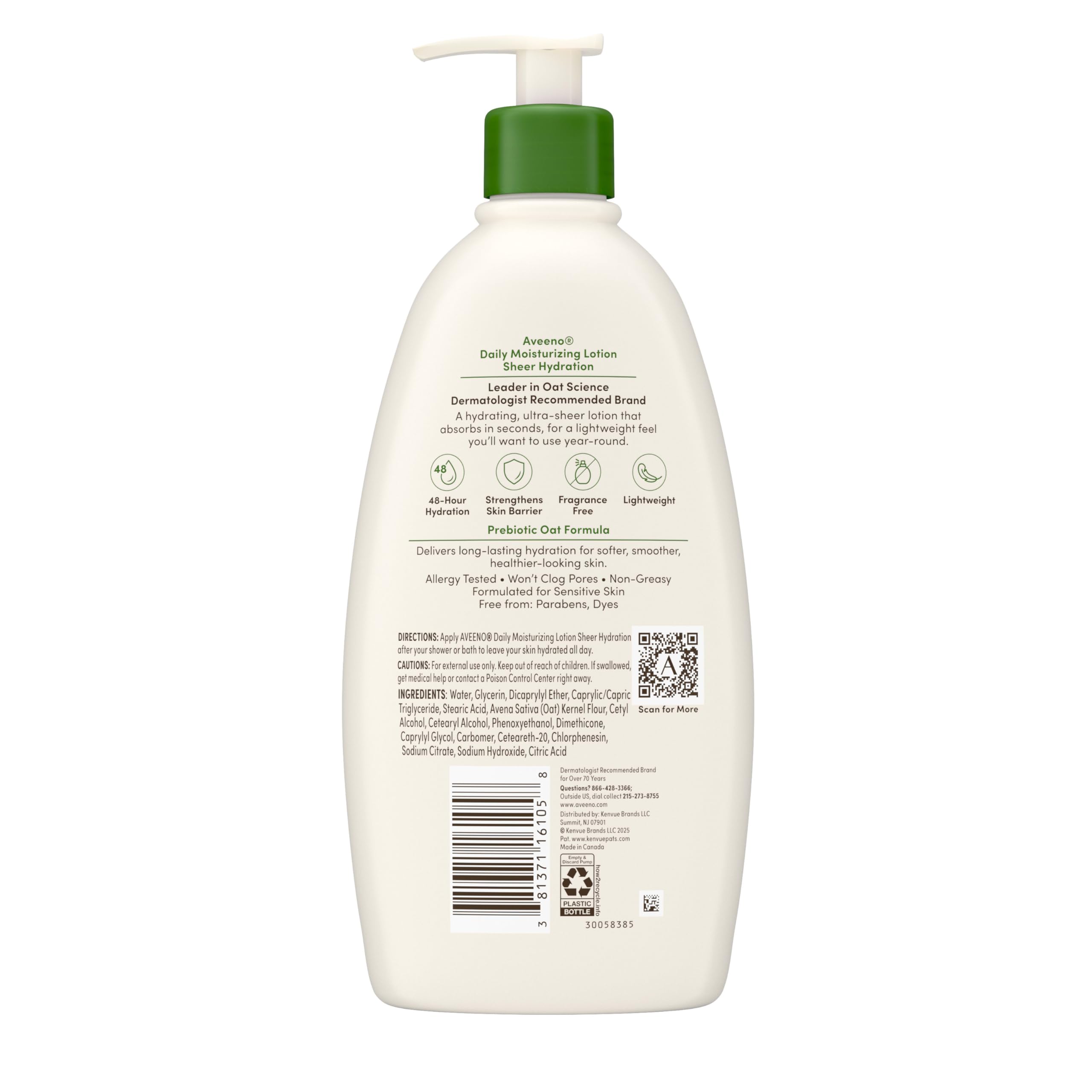 Aveeno Sheer Hydration Fragrance-Free Daily Moisturizing Lotion with Prebiotic Oat for Dry Skin, Lightweight