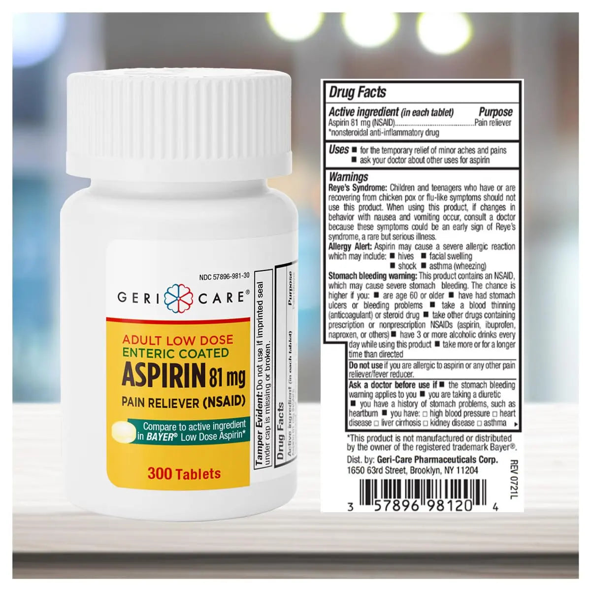 GeriCare Aspirin 81mg Adult Low Dose, Pain Reliever - Enteric Coated Tablets for Enhanced Absorption and Gentle Digestion – Supports Blood Flow, Reduces Inflammation, 300 Count (Pack of 1) GeriCare Au supplements