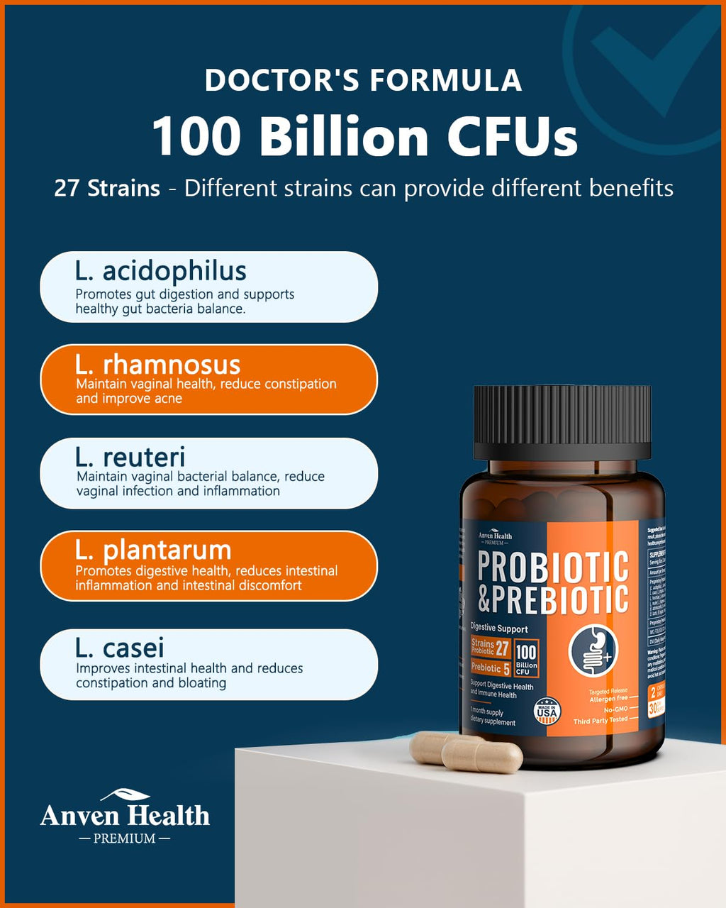 Anven Health 100 Billion Probiotics for Men and Women 27 Strains 5 Organic Prebiotics for Gut Digestive & Immune Health, Supports Diarrhea Gas Bloating,