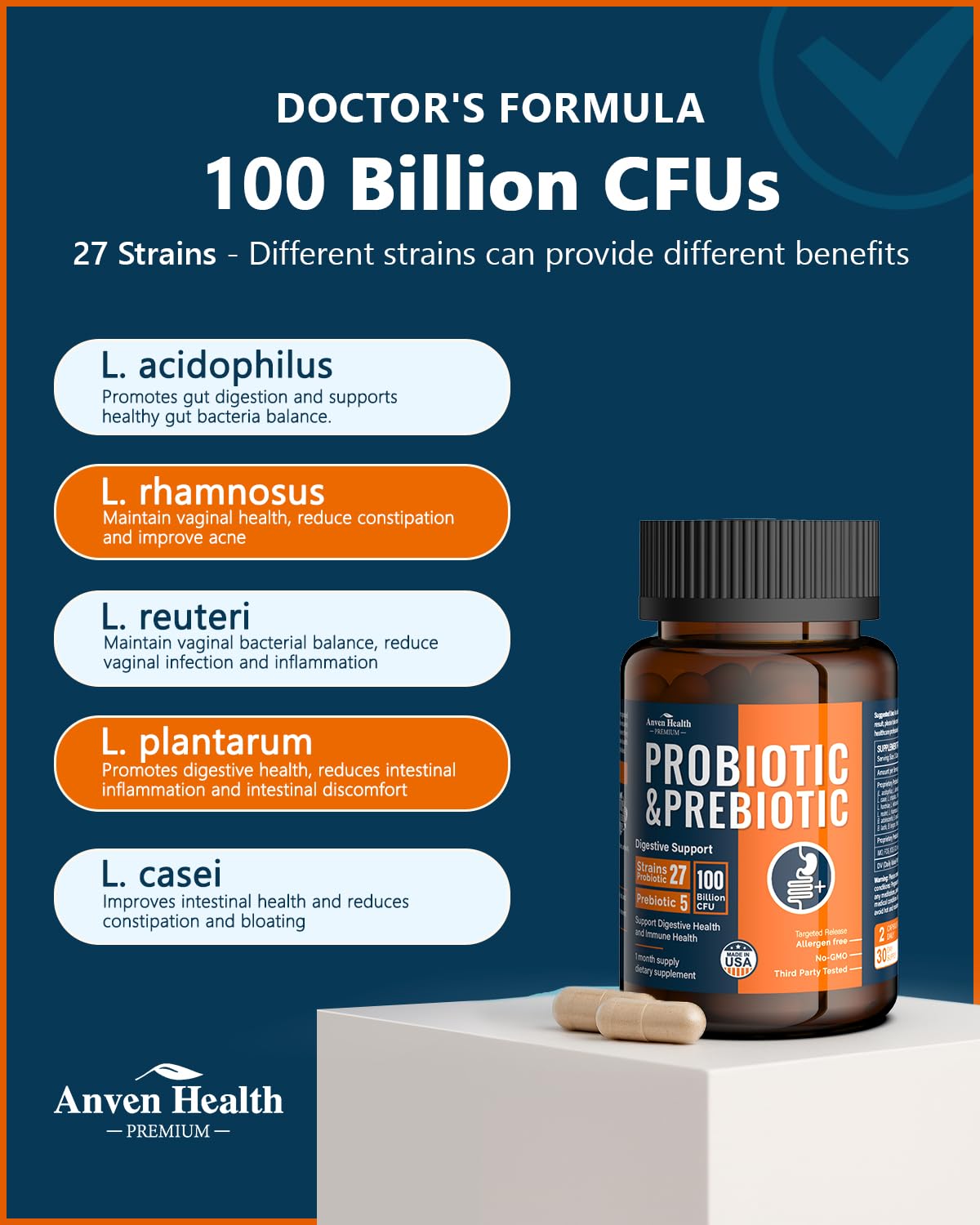 Anven Health 100 Billion Probiotics for Men and Women 27 Strains 5 Organic Prebiotics for Gut Digestive & Immune Health, Supports Diarrhea Gas Bloating,