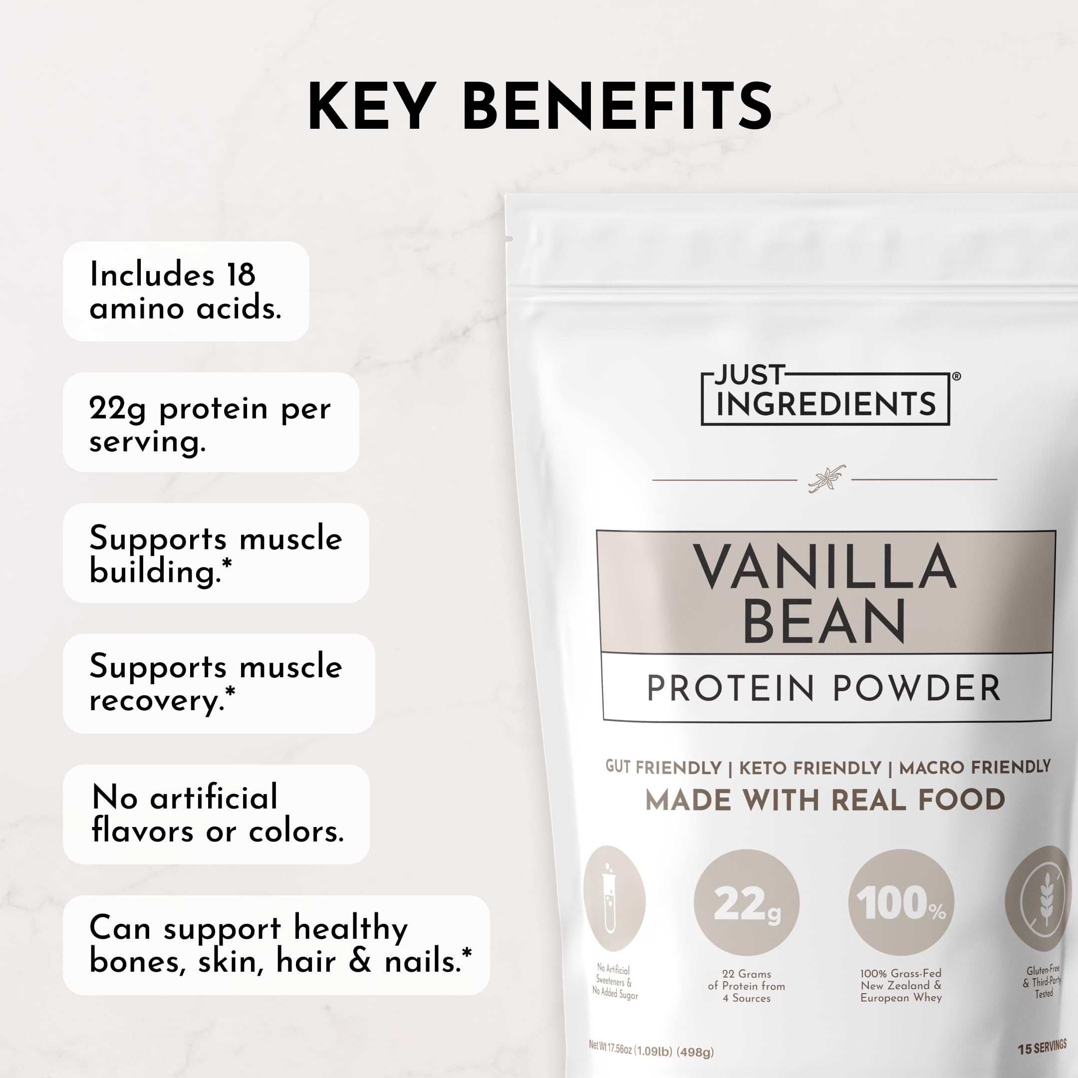 JUST INGREDIENTS Vanilla Protein Powder - Grass-Fed Whey Blend, Organic, Gluten Free, Dairy Free, Soy Free - 15 Servings, 22g Protein