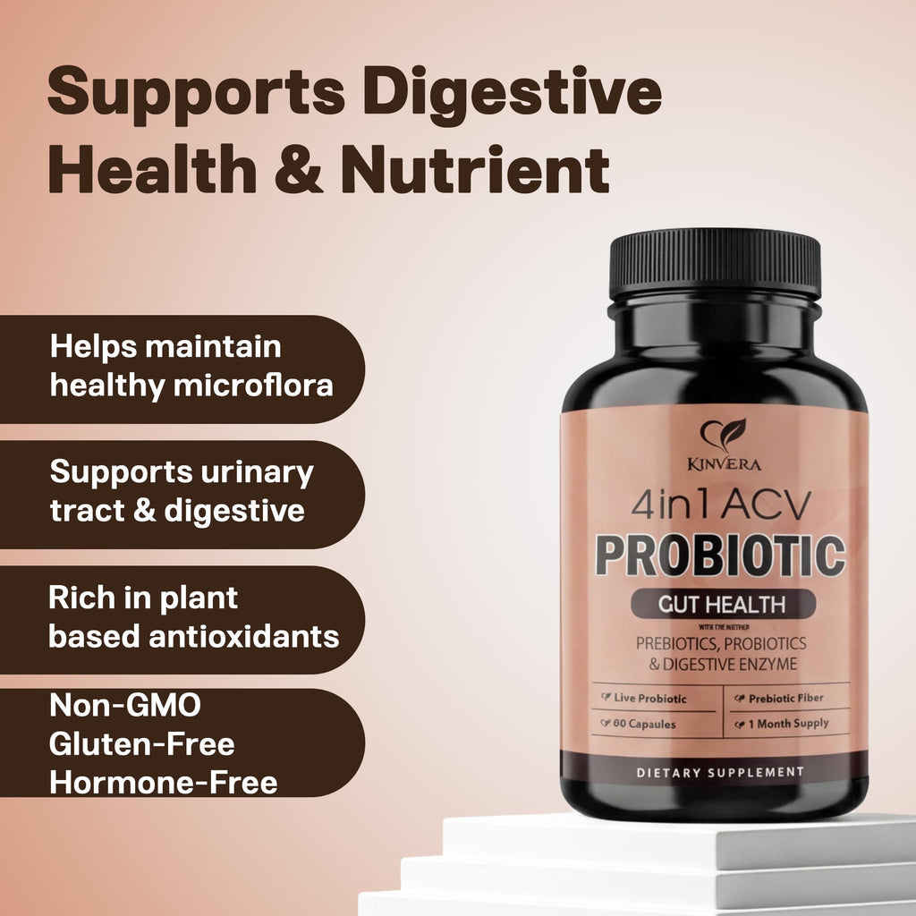 4-in-1 ACV Gut Formula – Apple Cider Vinegar, Prebiotics & Probiotics, Digestive Enzymes – Immune & Complete Digestion – 60 Veggie Capsules