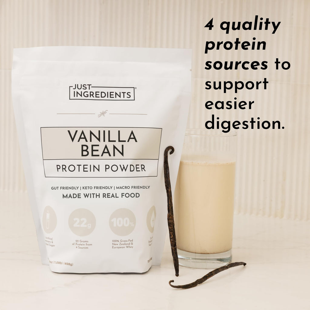 JUST INGREDIENTS Vanilla Protein Powder - Grass-Fed Whey Blend, Organic, Gluten Free, Dairy Free, Soy Free - 15 Servings, 22g Protein