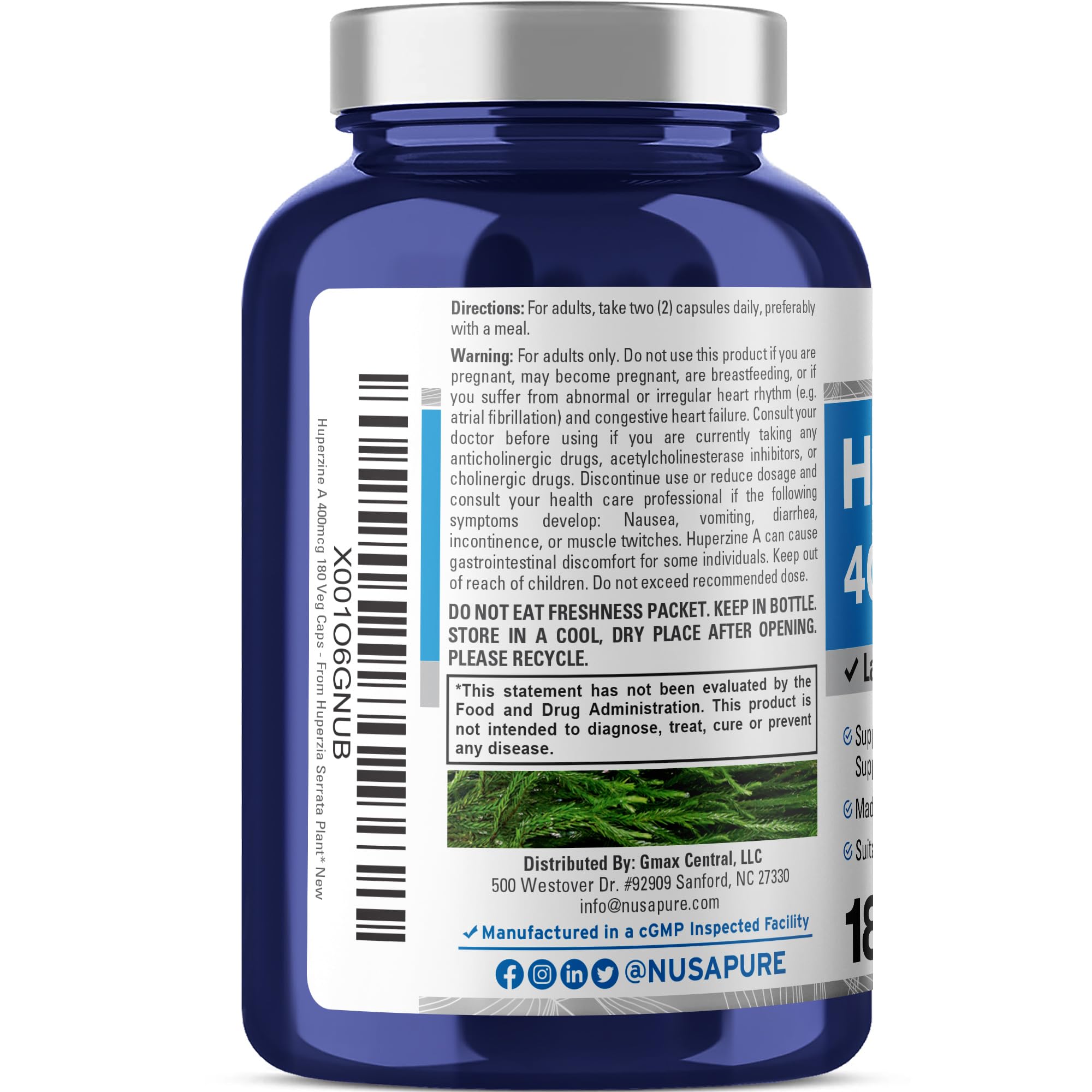 NusaPure Huperzine A 400mcg 180 Veggie Capsules (Vegetarian, Non-GMO, Vegan) NusaPure Au supplements