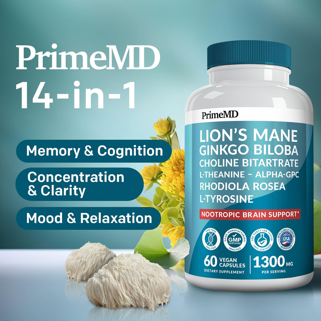 14-in-1 Lions Mane Supplement Capsules - Nootropic Brain Supplement with Ginkgo Biloba for Brain Support, Memory and Focus - Alpha GPC, L Theanine & Choline Supplements with 1300mg Per Serving (60 ct) PrimeMD Au supplements