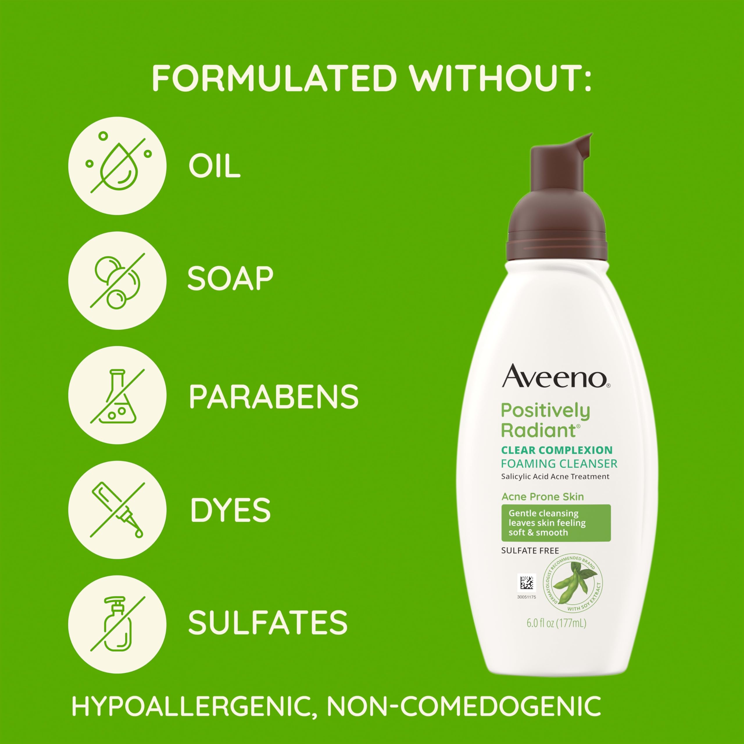 Aveeno Clear Complexion Foaming Oil-Free Facial Cleanser with Soy Extract & 0.5% Salicylic Acid, Acne Treatment Face