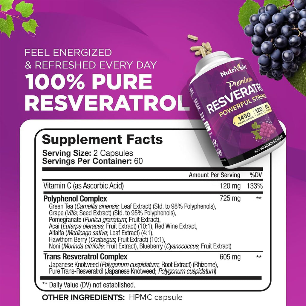 Nutrivein Premium Resveratrol 1450mg - 120 Caps: Pure Trans Resveratrol Supplement Enhanced with Green Tea Leaf & Acai Berry