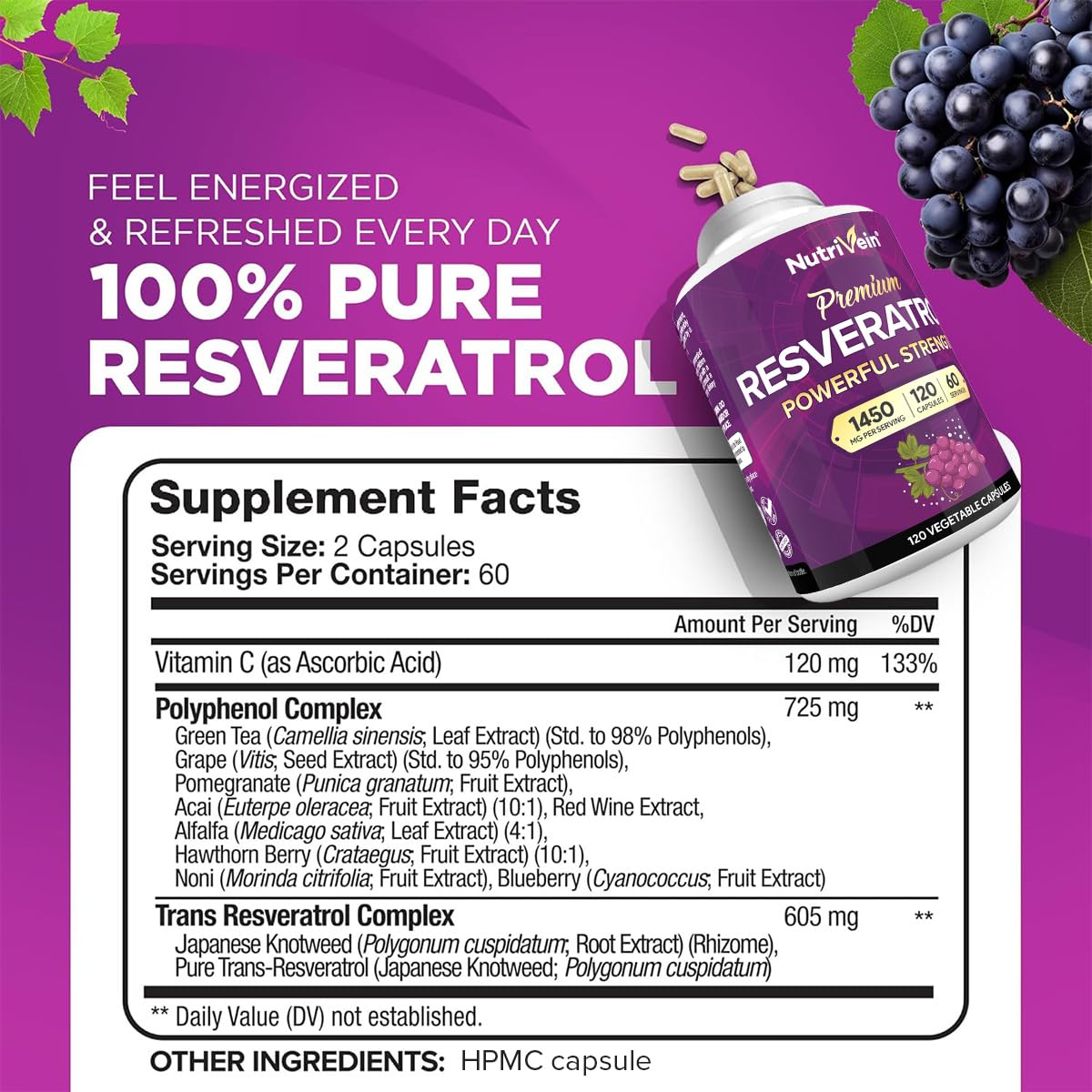 Nutrivein Premium Resveratrol 1450mg - 120 Caps: Pure Trans Resveratrol Supplement Enhanced with Green Tea Leaf & Acai Berry