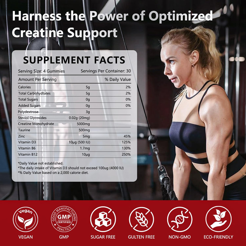 Slsomu Creatine Gummies for Women, 5000mg Pre-Workout Muscle Strength & Energy Support, 0 Sugar Creatine Gummy with L-Taurine, Zinc