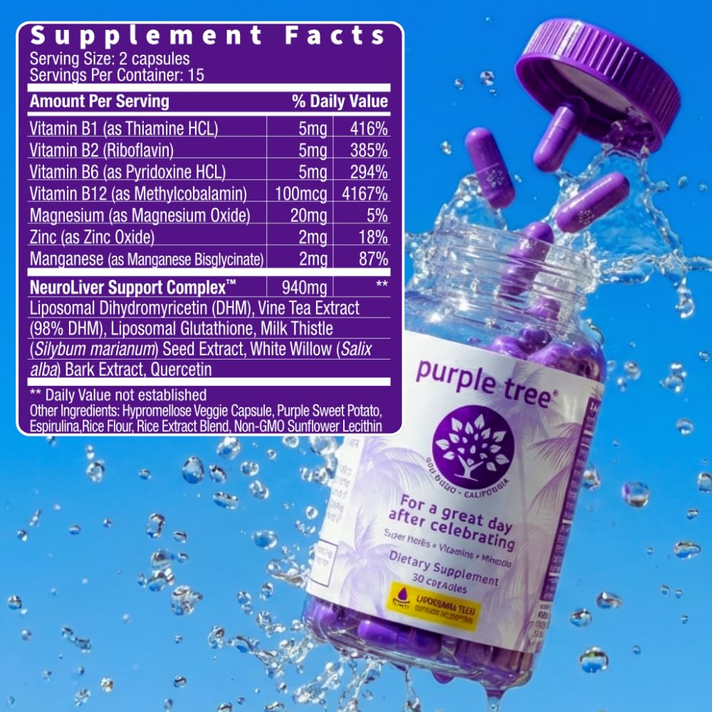 purple tree Post-Celebration Wellness Supplement for Liver Support & Hydration | Liposomal Dihydromyricetin (DHM), L-Glutathione, Milk Thistle