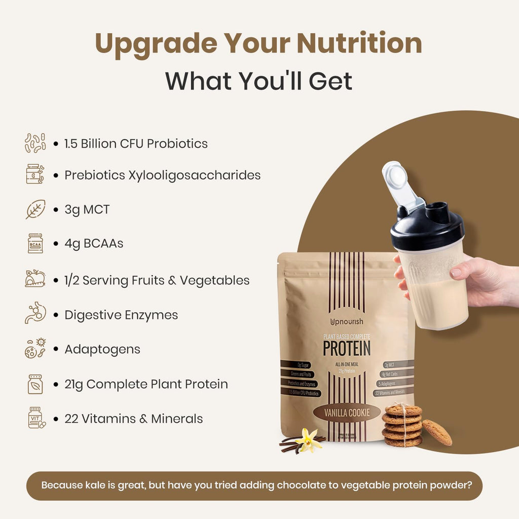 UpNourish Vanilla Cookie Vegan Protein Powder 54 Superfoods Powder,1.5 Billion CFU Probiotics 21g Plant Based Protein,No Sugar No Dairy No GMO Dairy Free,Meal Replacement Shake Keto-Friendly Low-Carb Diet,15 Servings UpNourish Au supplements