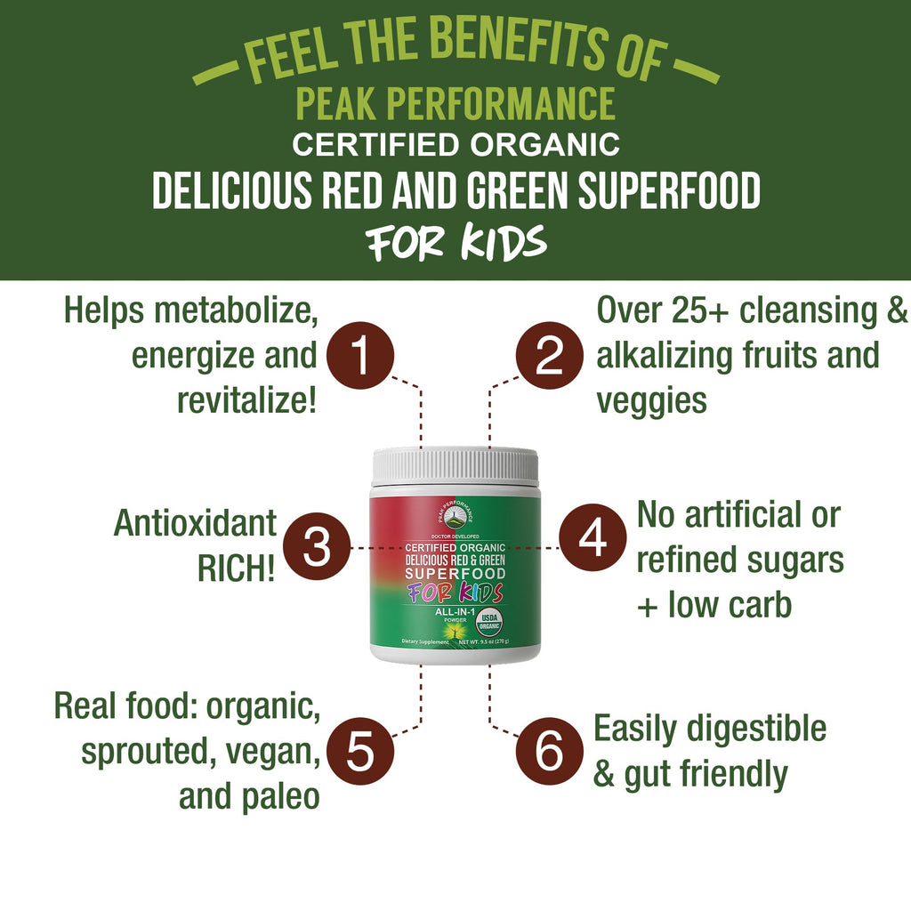 Kids Greens and Reds Superfood Powder. Best Tasting Organic Vegan Super Food Juice with 25+ Real Fruits and Vegetables. Gluten Free Real Food Vitamins. Green and Red Superfoods Supplement for Children Peak Performance Au supplements